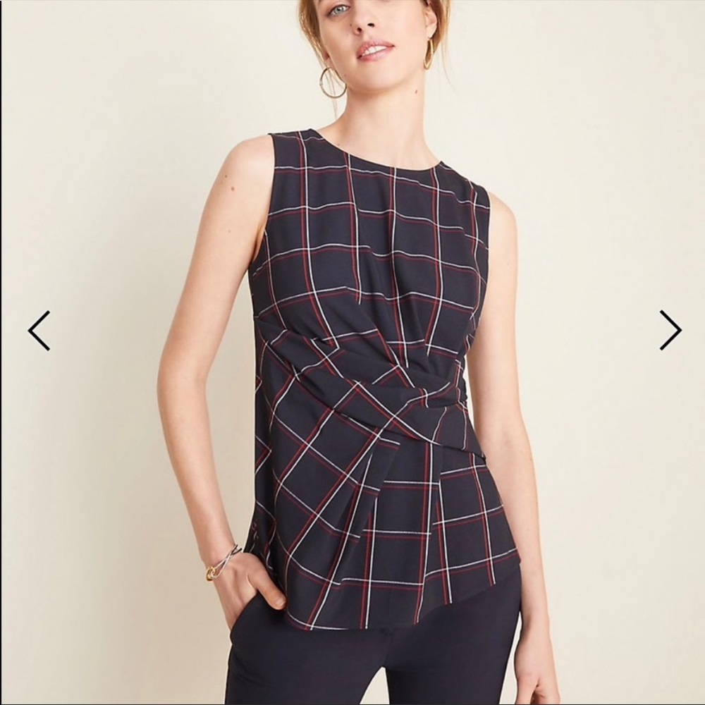 Ann Taylor Plaid Twist Waist Blouse Top Size:6